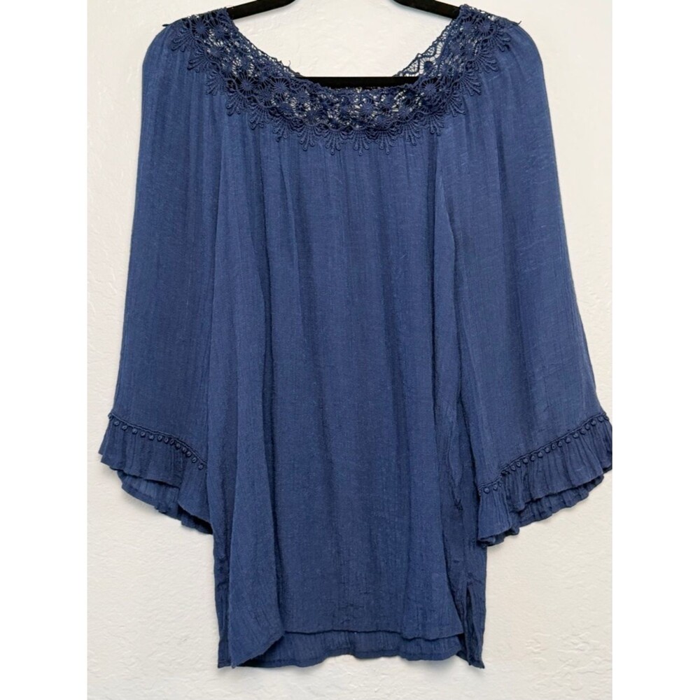 Zac & Rachel Navy Blue Crochet Lace Blouse Size Large Peasant Boho Romantic